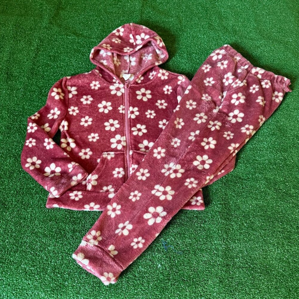 Emma & Elsa Girls Cozy Fleece Floral Full Zip Hoodie & Jogger Set Youth Size M